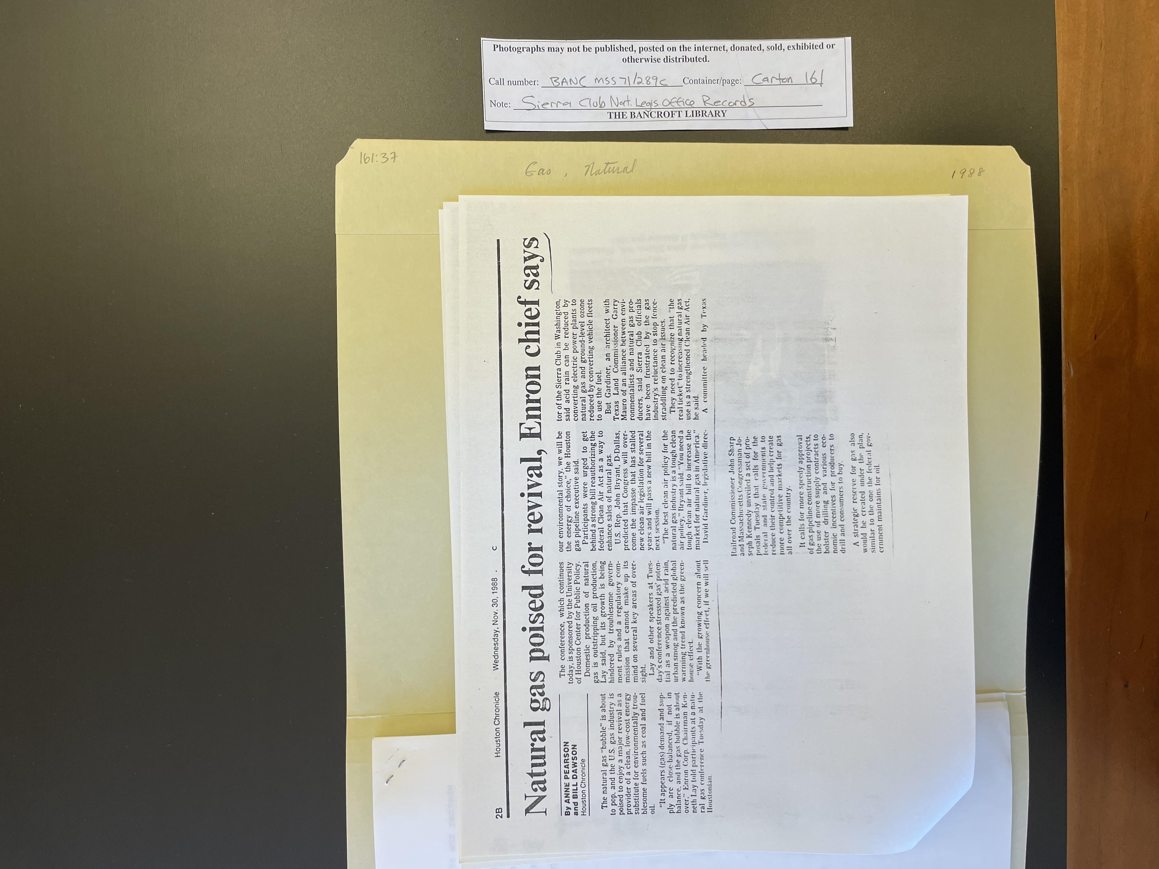 Original archival photograph of a 1988 Houston Chronicle newspaper clipping about natural gas
