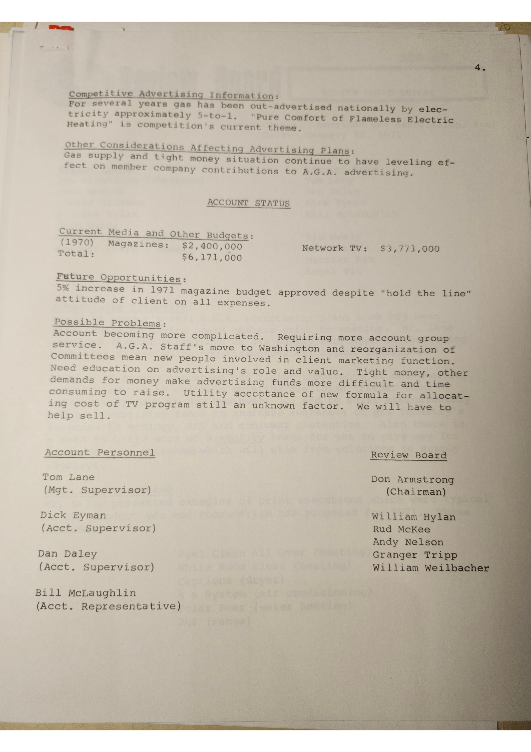 Original J. Walter Thompson American Gas Association account-status page showing a 6.171 million dollar media budget and naming Tom Lane, Dick Eyman, Dan Daley, and Bill McLaughlin as account personnel