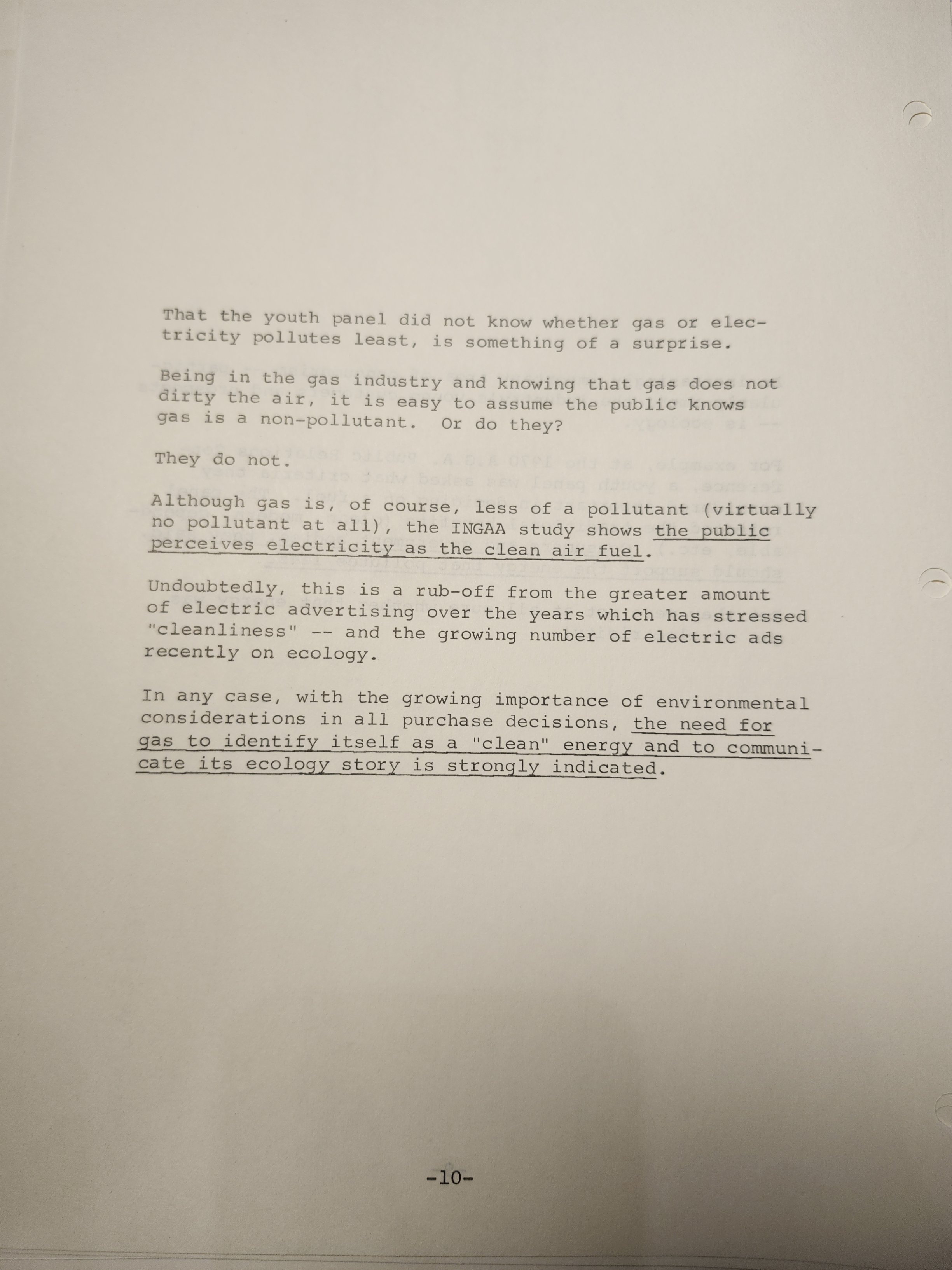 Original 1971 agency memo stating the need for gas to identify itself as clean energy and communicate its ecology story