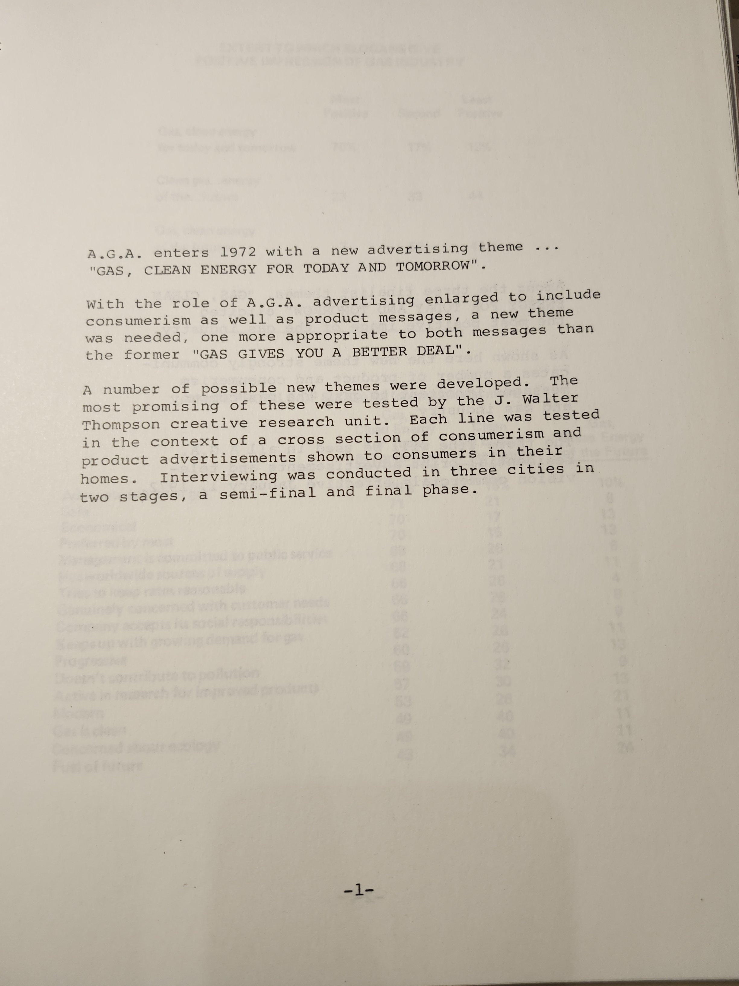 Original 1972 agency memo announcing the advertising theme Gas, clean energy for today and tomorrow