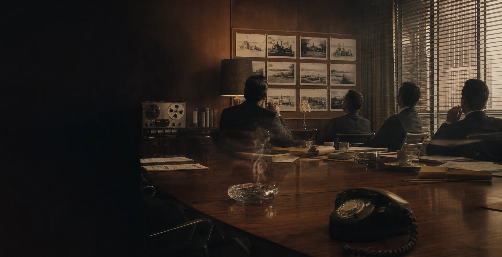 Editorial reconstruction of an anonymous 1970 advertising-agency boardroom after a fossil-gas campaign presentation